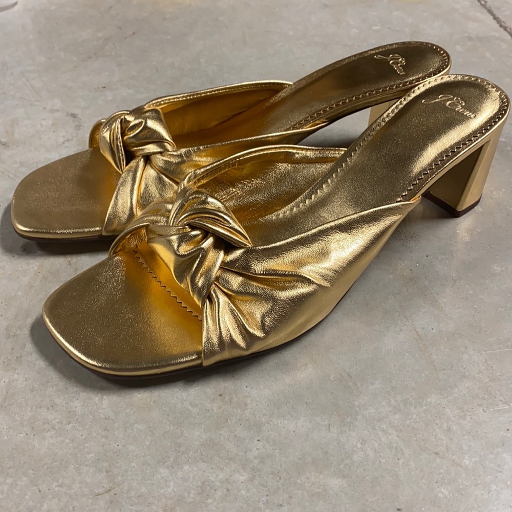 JCrew Knotted block sandals metallic leather aw066